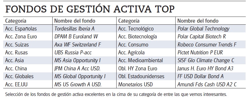 Selección de los fondos de gestión activa excelentes en la cima de su categoría de entre las que vemos interesantes.